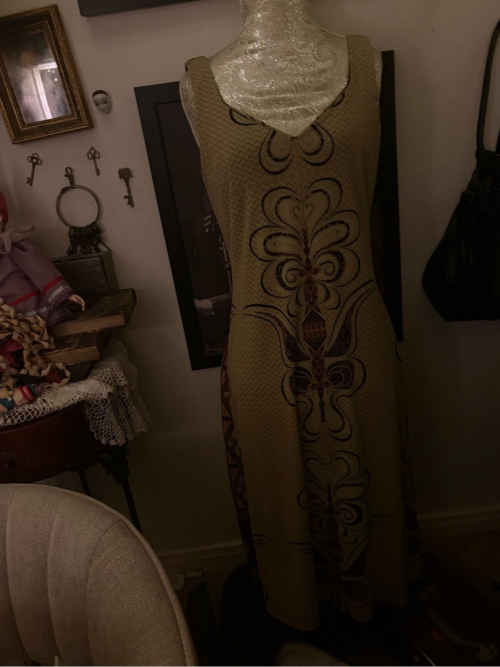 BCBG Olive Green Sleeveless Maxi Dress with Centered Decorative Print